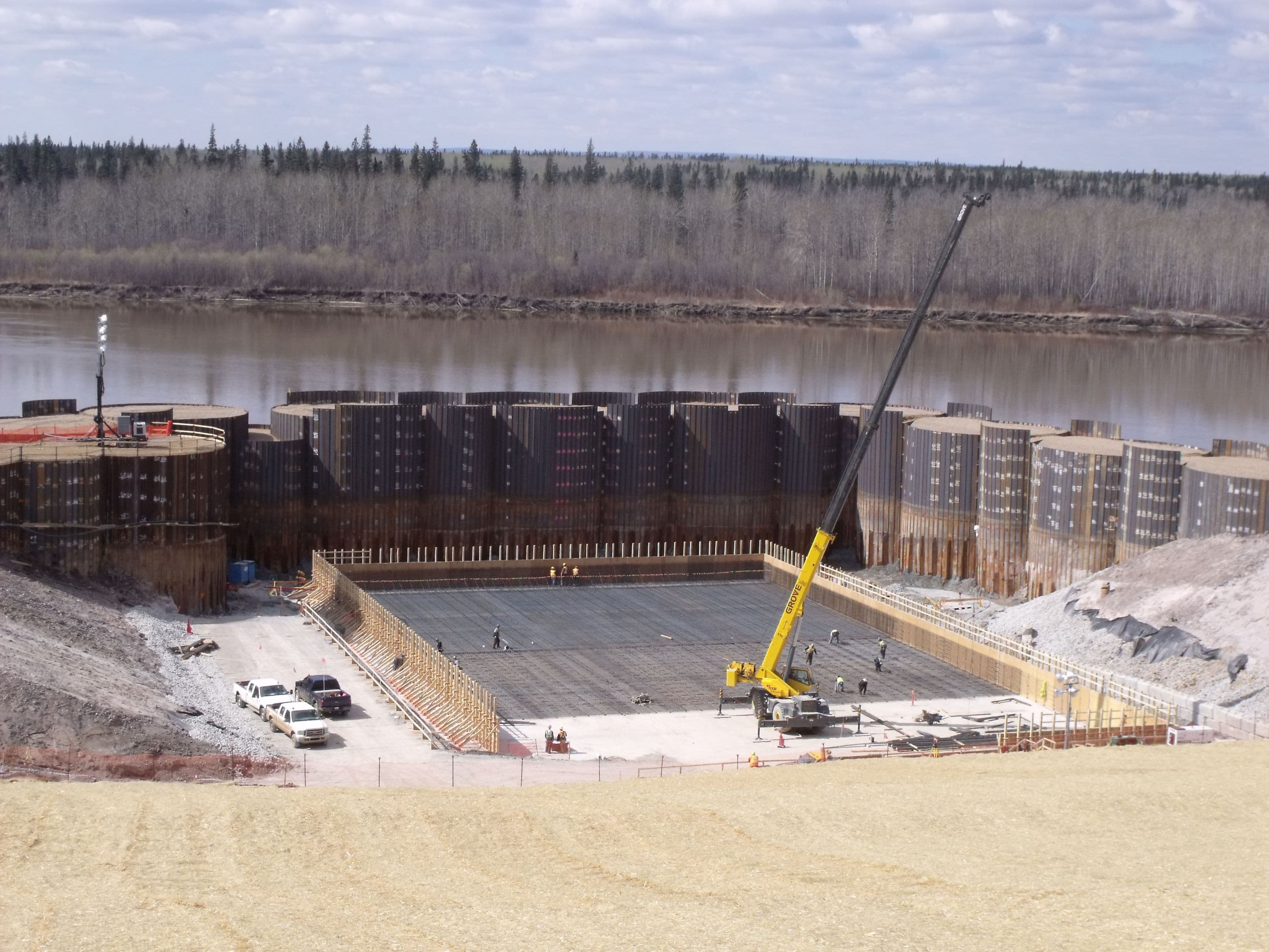River water intake showing pump-house foundation progress